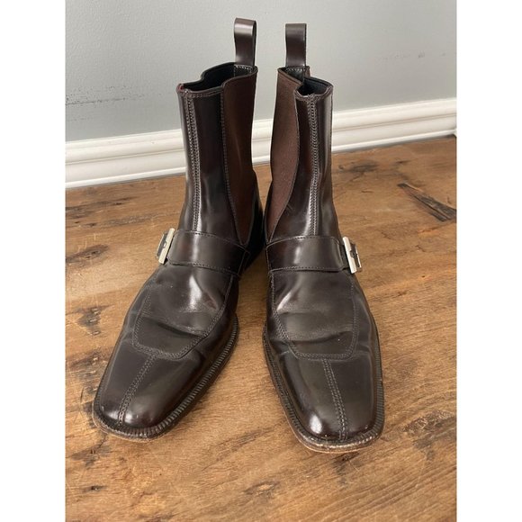 VERSACE Men's Brown Stretch Leather Buckle Boots - Picture 4 of 9